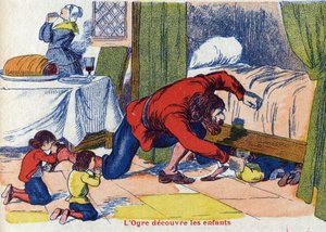 Ogr odkrywa dzieci. Ilustracja do „”Le Pepetit poucet””, opowiadania Charlesa Perraulta (1628-1703), francuskiego pisarza. Anonimowa ilustracja. Zdjęcia Marcel Vagne, Jarville Nancy, bez daty (koniec XIX wieku). autorstwa Unknown artist