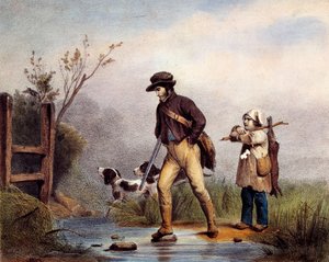 W przejściu myśliwi przechodzą pieszo przez ciek wodny. Litografia Gien z XIX wieku, muzeum łowieckie autorstwa Unknown artist