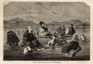 Przejazd z przewodnikiem, z przedstawieniem sposobów przewożenia pasażerów i bagażu. Grawer ilustrujący wyprawę do Japonii w latach 1863-1864 Aime Humberta, ministra Konfederacji Szwajcarskiej, w „Le tour du monde, nouveau journal des voyages”” autorstwa Unknown artist