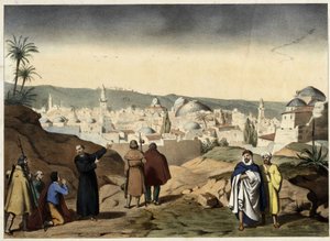 Peleryny przybywają do Jerozolimy. Anonimowy rycina z połowy XIX wieku - w „Wielkim Katechizmie Rodzin”. autorstwa Unknown artist