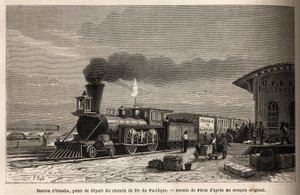 Kolej ma stację Omaha (Nebraska), początek linii prowadzących na Pacyfik. Rycina dla ilustracji podróży na daleki zachód Ameryki, autorstwa M. L. Simonina, w 1867 r., opublikowana w „Le tour du monde, nouveau journal des voyages””, pod redakcją autorstwa Unknown artist
