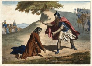 Powrót Jakuba i jego spotkanie z Ezawem - Jakub wraca do Ziemi Kanaan z żonami i dziećmi: spotyka swojego brata Ezawa. Rycina z połowy XIX wieku. autorstwa Unknown artist