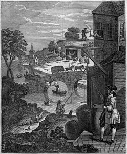 Śmieszna perspektywa Ilustracja satyryczna Williama Hogartha (1697-1764) kpi ze sztuki perspektywy malarzy, proponując płaskie poziomy przedmiotów i osób niemożliwe w rzeczywistości ze względu na odległości. autorstwa Unknown artist