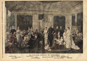 Królewska rodzina Danii, siedząca w centrum, królowa Luiza Hesji-Kassel (1817-1898) i król Danii Christian IX (1818-1906) nazywani „przystojnym ojcem Europy”, ponieważ ożenił kilkoro swoich dzieci z dziedzicami wielkiego królewskiego f autorstwa Unknown artist