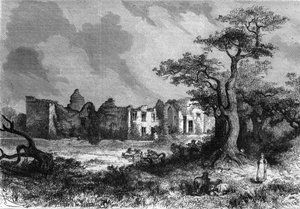 Ruiny zamku Chateau de la Mailleraye w pobliżu Parthenay, departament Deux-Sevres (Deux Sevres) regionu Poitou-Charentes (Poitou Charentes). Grawerowanie w „”Wspaniałym Wszechświecie”” autorstwa Unknown artist