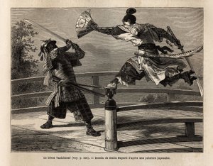 Samuraj Yashitsune w równowadze na barierze mostu atakuje samuraja w zbroi. Rycina ilustrująca podróż do Japonii w latach 1863-1864, autorstwa Aime Humberta, ministra Konfederacji Szwajcarskiej, w „Le tour du monde, nouveau journal des voyages”” autorstwa Unknown artist