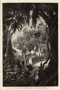 Obchody sezonu w Luang Prabang, królewskiej stolicy Lan Xang (królestwa miliona słoni) (dzisiejszy Laos), składające się z procesji mieszkańców i pagody kultu w całym mieście. Grawerowanie ilustrujące podróż odkrywczą autorstwa Unknown artist