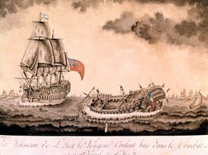 Wrak statku „mściciel” zatonął u wybrzeży Brześcia przez flotę angielską 1 czerwca 1794 roku. Rycina koniec XVIII wieku, początek XIX wieku. autorstwa Unknown artist