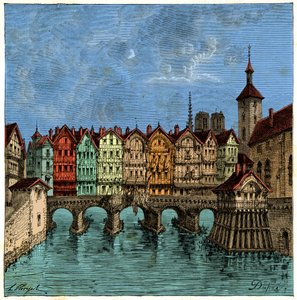 Mały most, który później był Pont au Change w Paryżu w średniowieczu, rycina XIX wiek autorstwa Unknown artist