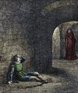 Widmo z wieży Więzień skuty łańcuchami w lochu widzi przed sobą ducha. Ilustracja do „Wieży Londynu” Williama Harrisona Ainswortha z XIX wieku autorstwa Unknown artist