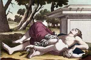 Samobójstwo Pyramus (Pirame) pod murierem i śmierć Thisbe. Przekonany, że lwica pożerała Thisbe, Pyramus oddał sobie śmierć i pokrył białe obyczaje jej krwią. Thisbe, ukrywając się, by uciec przed lwem, znajduje swoją miłość martwą i samobójczą autorstwa Unknown artist
