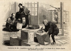 Handel herbatą: wysyłka hurtowa i detaliczna. Rycina ilustrująca podróż do Japonii, autorstwa Aime Humberta, ministra Konfederacji Szwajcarskiej, w latach 1863-1864, opublikowana w „Le tour du monde”” 1869, pod redakcją Edouarda Chartona, wyd. Hachette, Pa autorstwa Unknown artist