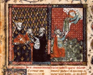 Mnich tłumacz przedstawia swoją księgę królowi Francji Filipowi III zwanemu Śmiałym (1270-1285). Miniatura zaczerpnięta z Doktryny chrześcijańskiej św. Augustyna (?) autorstwa Unknown artist