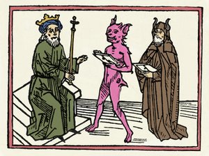 Proces Beliala: „Demon Belial przedstawia swoje referencje sędziemu Salomonowi” „Grawerowanie z „Procesu Beliala”” Jacobusa de Teramo (lub Palladino), Ausburg autorstwa Unknown artist