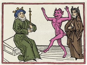 Proces Beliala: „”Demon Belial tańczy przed sędzią Salomonem””” Grawer z „Procesu Beliala”” Jacobusa de Teramo (lub Palladino), Ausburg autorstwa Unknown artist