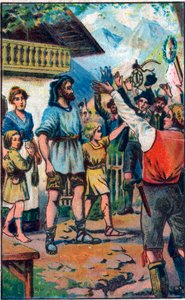 Hołd konfederatów dla Guillaume Tella (William Tell) (legendarnych bohaterów niepodległości Szwajcarii) Chromolitografia z końca XIX wieku. autorstwa Unknown artist