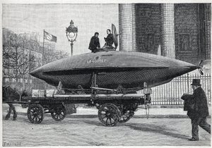 Łódź podwodna (okręt podwodny) „Le Goubet”, przewozi do eksperymentów, mija Place de la Madeleine w Paryżu. Grawerowanie w „”La Nature”” autorstwa Unknown artist