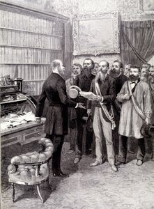 Wizyta delegatów robotniczych w Palais Bourbon (Jules Guesde, pan Ferroul, pan Baudin i pan Thivrier) u sekretarza generalnego prezydencji: pana Martina, podczas demonstracji 1 maja autorstwa Unknown artist