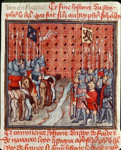 Broń Filipa IV Bela (1268-1314) na brzegu rzeki spotyka miniaturową armię wroga z „Les grandes Chroniles de France”” XIV-wieczny Chantilly, Musee Conde autorstwa Unknown artist