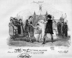 Biała dama w oryginalnych strojach z 1825 roku. Opera w trzech aktach Francois Adriena Boieldieu (1775-1834). Grawerowanie w „”Le Monde Illustré”” autorstwa Unknown artist