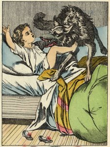 Wilk pokonuje Czerwonego Kapturka. Ilustracja do bajki „Czerwony Kapturek” Charlesa Perrault autorstwa Unknown artist