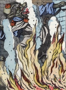 Wilk wpada w ogień komina. Ilustracja do baśni „Compere le Loup, Maitre Renard, Comere la Chevre et ses petits biquets”” według bajki Jeana de la Fontaine. W „Opowieściach z domu dla najmłodszych””. Anonimowy grawer autorstwa Unknown artist