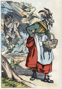Wilk szuka kozy opuszczającej swój dom. Ilustracja do baśni „Compere le Loup, Maitre Renard, Comere la Chevre et ses petits biquets”” według bajki Jeana de la Fontaine. W „Opowieściach z domu dla najmłodszych””. Grawerowanie anonimowe autorstwa Unknown artist