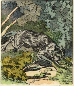 Wilk biegnie do domu babci. Ilustracja do bajki „Czerwony Kapturek” Charlesa Perrault autorstwa Unknown artist