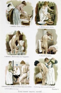 Kobieta, lekarz domowy: woda jako środek leczniczy. 1.Alution chorego w łóżku, 2.Alution przez ogień, 3.Alution na przemian w wannie, 4.Deszcz, 5.Prysznic z kranem w kuchni, 6.Podlewanie w małym wnętrzu - w “ Kobieta, lekarz domowy”” autorstwa Unknown artist