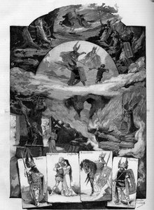 Spektakl teatralny „Walkiria” („Walkiria”), dramat Richarda Wagnera (1813-1883) reprezentuje w Théâtre de la Monnaie w Brukseli. Grawerowanie w „”Światowym Świecie”” autorstwa Unknown artist