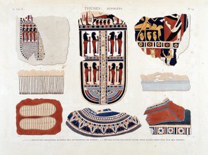 Teby, hipogeje: 1.2.3.6.7.8. obrazy z kopert mumii 4.5. Detale frędzli i płótna w paski, znalezione na mumiach - w „Opisie Egiptu” 1809, antyk t. 2 pl 112 autorstwa Unknown artist
