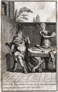 Teodoryk Wielki (ok. 454/455-526), król Gotów, przeraża się na widok głowy ogromnej ryby, która serwuje na jego stole. Grawer w redige „Beaute de l