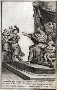 Theodosius I (Flavius Theodosius) (347-395), cesarz rzymski, kazał aresztować Amphiloque, eveque of Icone za brak szacunku dla jego syna, Arkadiusza (377-408). Eweque deklaruje: „Kiedy chronimy arian, którzy zaprzeczają boskości Jezusa Chrystusa, syna Boże autorstwa Unknown artist