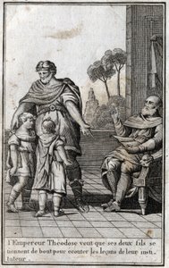 Teodozjusz I (Flawiusz Teodozjusz) (347-395), cesarz rzymski, chce, aby jego dwaj synowie, Arkadiusz (377-408) i Honoriusz (384-423), wstali i wysłuchali lekcji swojego nauczyciela. IV wiek. Grawer w redige „Beaute de l