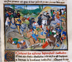 Trzecia krucjata: „Jak chrześcijanie potwierdzają Saladyna”” Saladyn (1138-1193) (Salah al Din Yusuf al-Ayyubi (al Ayyubi) zostaje pokonany przez krucjaty około 1191 roku. autorstwa Unknown artist
