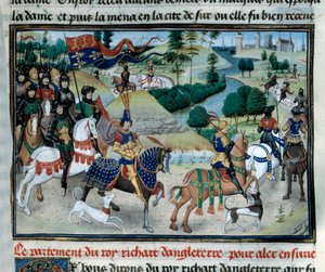 Trzecia krucjata: Ryszard Lwie Serce (lub Ryszard I z Anglii (1157-1199) popłynął w czerwcu 1191 do Ziemi Świętej z odlotu Cypru. Miniatura zaczerpnięta z „Kronik cesarzy” autorstwa Loyseta Liedeta (1420-1479) z XV wieku. Paryż, Biblioteka Arsenału autorstwa Unknown artist