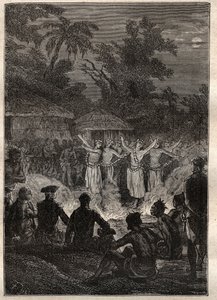 Trzecia podróż (1776-1779) kapitana Jamesa Cooka (1728-1779): uczta na wyspach Przyjaciół (Królestwo Tonga, Polinezja) - ilustracja zaczerpnięta z „Wielkich marynarzy XVIII wieku”” autorstwa Unknown artist