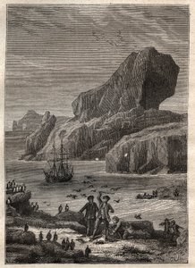 Trzecia podróż (1776-1779) kapitana Jamesa Cooka (1728-1779): wyspy Kerguelen (archipelag Kerguelen, Antarktyda) - ilustracja zaczerpnięta z „Wielkich marynarzy XVIII wieku”” autorstwa Unknown artist