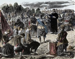 Wojna trzydziestoletnia: Szwedzi na modlitwie przed bitwą pod Luetzen - Wojna trzydziestoletnia (1618-1648): Król Szwecji Gustaw II Adolf (1594-1632) i jego wojska zbierają się na uroczystości religijne przed bitwą pod Lutzen (1632) autorstwa Unknown artist
