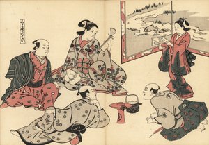 Trzech samurajów słucha, jak kurtyzana gra na shamisenie, podczas gdy kamuro przynosi jedzenie na tacy. Drzeworyt Masanobu Okumury (1686-1764) z Fuzoku Emakimono, Picture Scroll of the Water Trade, Tokio, przedruk ok. 1880 r. autorstwa Unknown artist