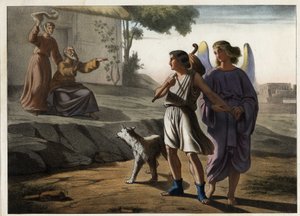 Odejście Tobiego w towarzystwie anioła (pozdrawiają go rodzice, w tym Tobit, jego ojciec). Anonimowy rycina z połowy XIX wieku. autorstwa Unknown artist