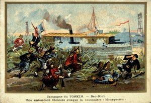 Kampania Tonkińska: w Bac-Ninh chińska zasadzka atakuje kanonierkę „Karabiner” – chromo., koniec XIX wieku autorstwa Unknown artist