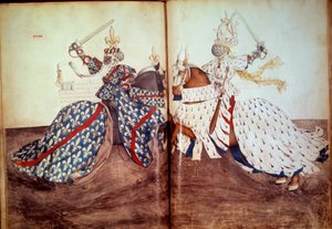 Turniej: Gra w lorda wzywającego i lorda pozwanego (twarz księcia Bretanii i księcia Burbonu). Rękopis „”Księga turniejów”” (Folio 32v - folio33) autorstwa Rene d