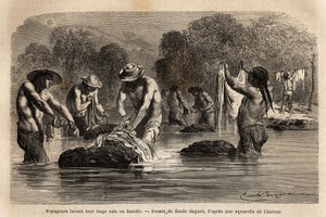 Podróżnicy piorący brudną bieliznę w rzece, wraz z peonami boliwijskimi, w okolicach Maniri (Dolne Peru). Engravure pour illustrrer le voyage dans les vallees de Quinquinas, Paul Marcoy, w latach 1849-1861, opublikowany w „Le tour du monde”” 18 autorstwa Unknown artist