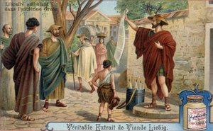 Podróżujący księgarz w starożytnej Grecji. Chromolitografia, obraz Liebiga. autorstwa Unknown artist