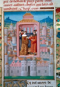 Traktat Conflans z 5/10/1465 pomiędzy królem Ludwikiem XI a Karolem de Charolais (później Karol Temeraire kończący bunt szlachty lub Ligę Dobra Publicznego. Miniatura z „Les Chroniles de Monstrelet” Enguerranda de Monstrelet (1400-1453) XV wiek autorstwa Unknown artist