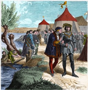 Traktat Conflans z 5/10/1465 pomiędzy królem Francji Ludwikiem XI a Karolem de Charolais (później Karol Temeraire) kończący bunt szlachty lub Ligę Dobra Publicznego. Grawerowanie w „” Histoire De France En Cent Paintings autorstwa Paula Lehugeura „” 1891. autorstwa Unknown artist