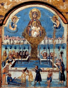 Tryptyk Dziewicy, źródło życia Dziewica pieje nad cudowną fontanną wody. Centralne panneu, malowidło na drewnie pochodzące z Bliskiego Wschodu. XIX-wieczne muzeum Rouen des Beaux Arts autorstwa Unknown artist