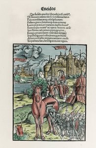 Trojan: greccy wojownicy opuszczają konia po przekroczeniu murów miejskich. Eneida. Ksylografia Sebastiana Branta. Strasburg autorstwa Unknown artist