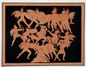 Wojna trojańska - w środku: Menelas broni ciała Patroklesa przed swoją tarczą, broń Ajax toporem uderza w Hippothousa, Merion odsłania jego strzały, atakuje trojanów, by zabrać ciało Patroklesa - Góra zdjęcia: w dte, Hector zasłonięty przez jego autorstwa Unknown artist